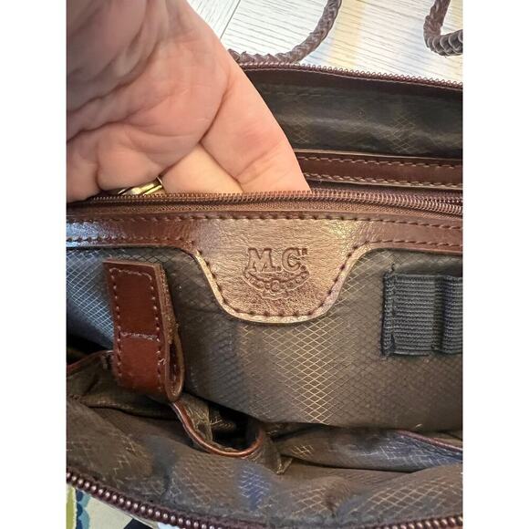 MC heart tan w/ brown embossed trim shoulder bag w/ zip closure silver feet - Picture 7 of 10